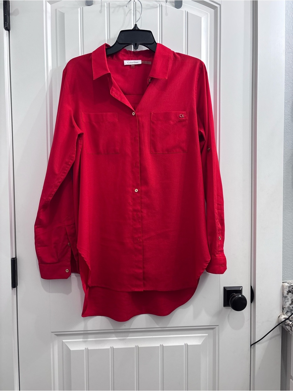 Calvin Klein Bright Red Long Sleeve Button-Down Blouse